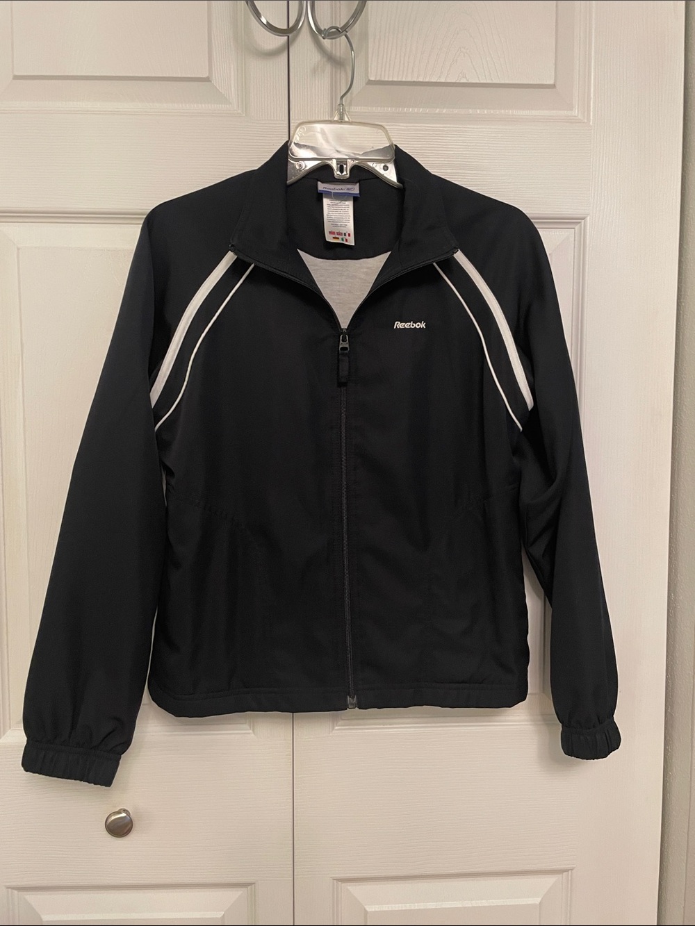 Reebok Full Zip Track Jacket Black Small with White Accent Stripes & Pockets